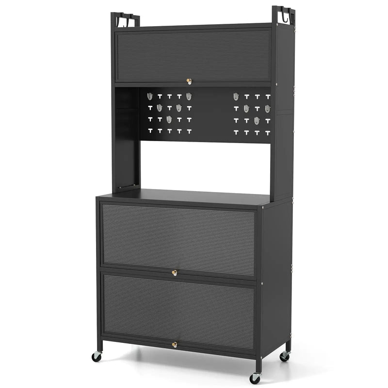 5 Tier Kitchen Bakers Rack with Lights Multifunctional Microwave Stand with Flip Door Cabinets by DirectDeals