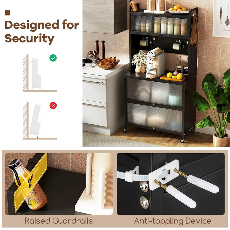 5 Tier Kitchen Bakers Rack with Lights Multifunctional Microwave Stand with Flip Door Cabinets by DirectDeals