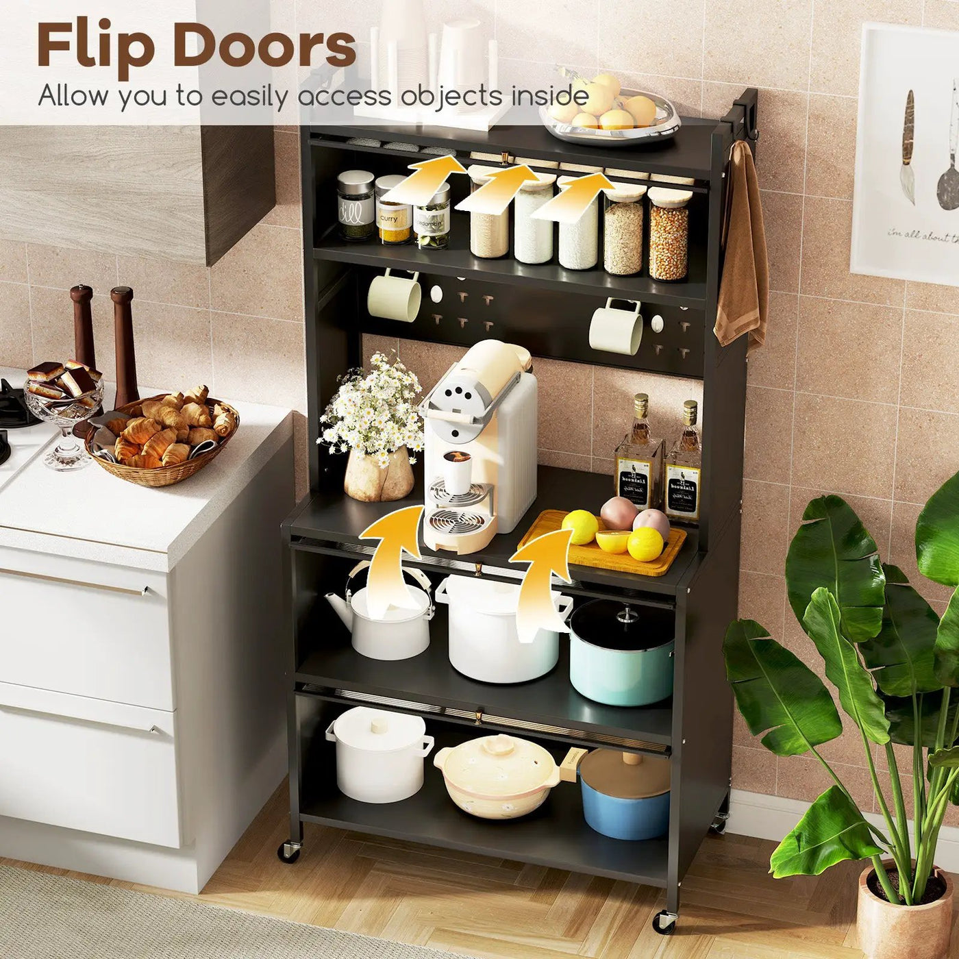 5 Tier Kitchen Bakers Rack with Lights Multifunctional Microwave Stand with Flip Door Cabinets by DirectDeals