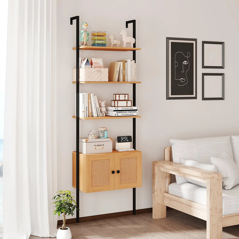 5-Tier Ladder Bookcase with Rattan Cabinet and Metal Frame-Natural by DirectDeals