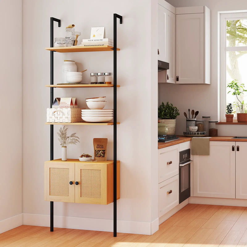 5-Tier Ladder Bookcase with Rattan Cabinet and Metal Frame-Natural by DirectDeals