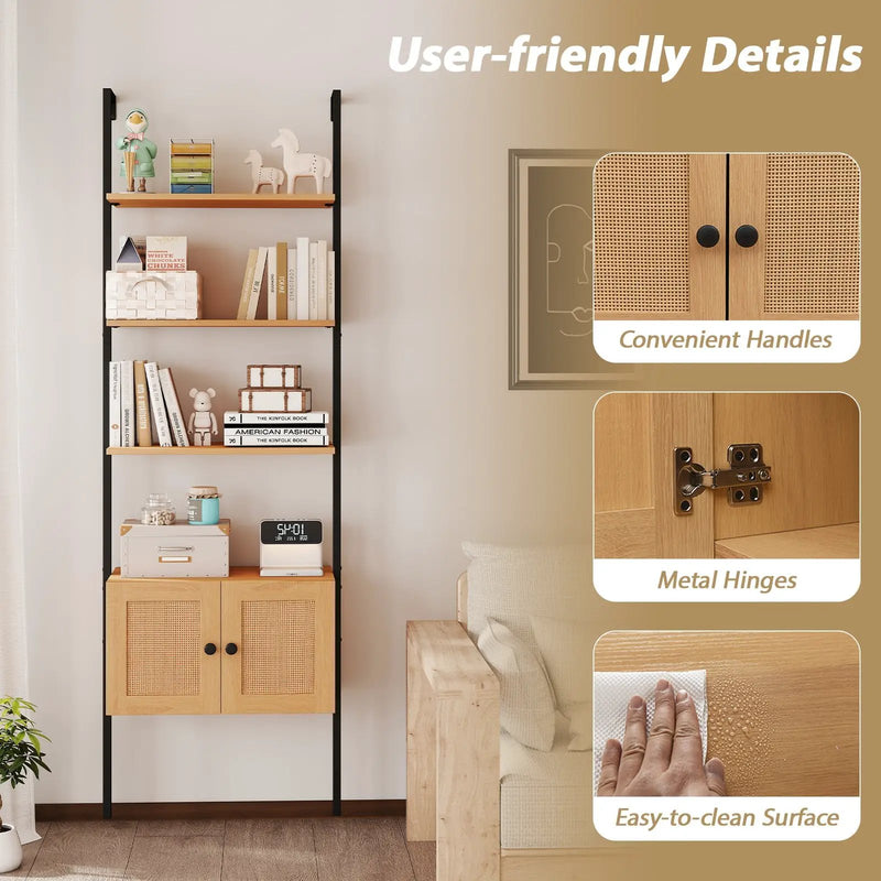 5-Tier Ladder Bookcase with Rattan Cabinet and Metal Frame-Natural by DirectDeals