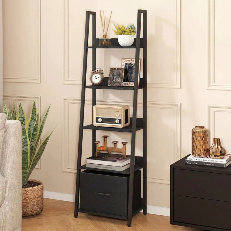 5-Tier Ladder Bookshelf with Fabric Drawer by DirectDeals