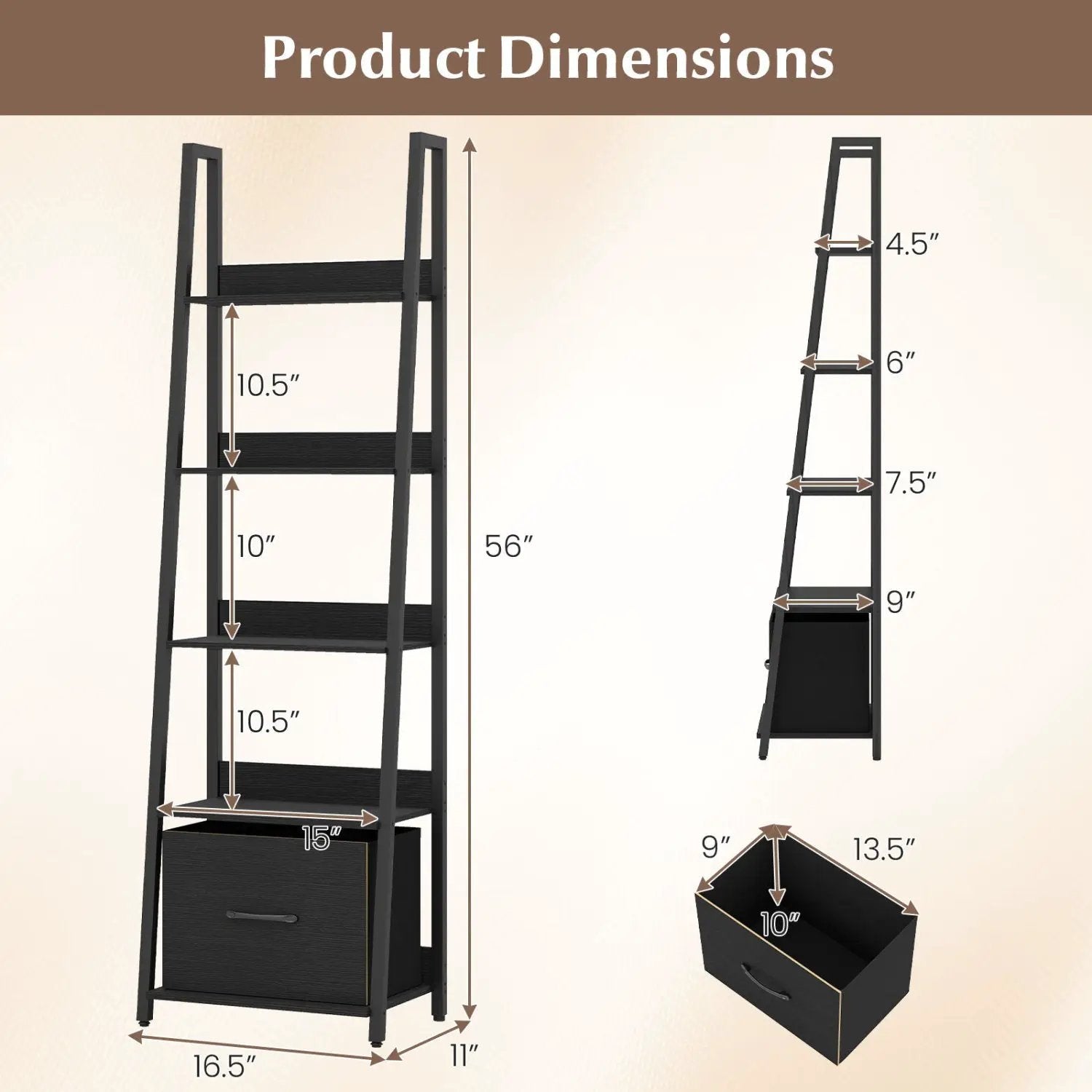 5-Tier Ladder Bookshelf with Fabric Drawer by DirectDeals