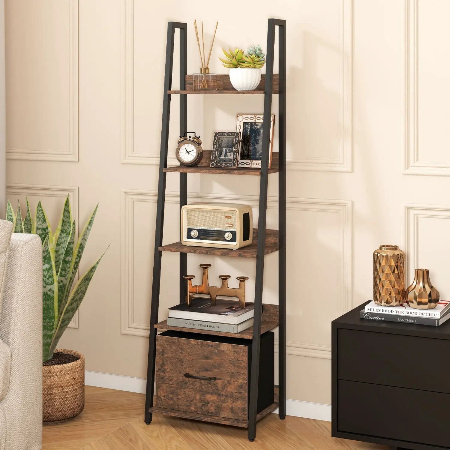 5-Tier Ladder Bookshelf with Fabric Drawer by DirectDeals