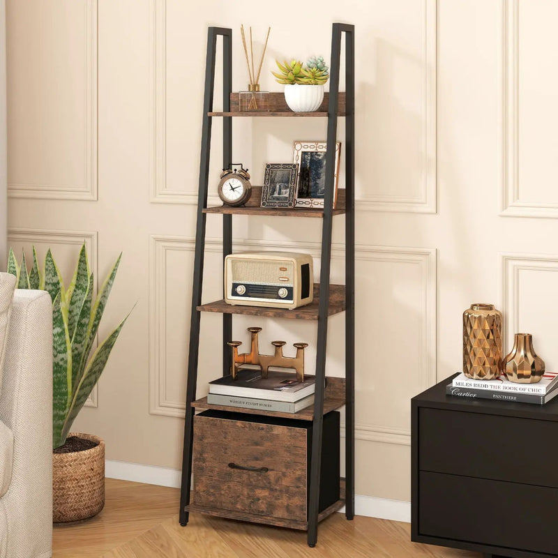 5-Tier Ladder Bookshelf with Fabric Drawer by DirectDeals