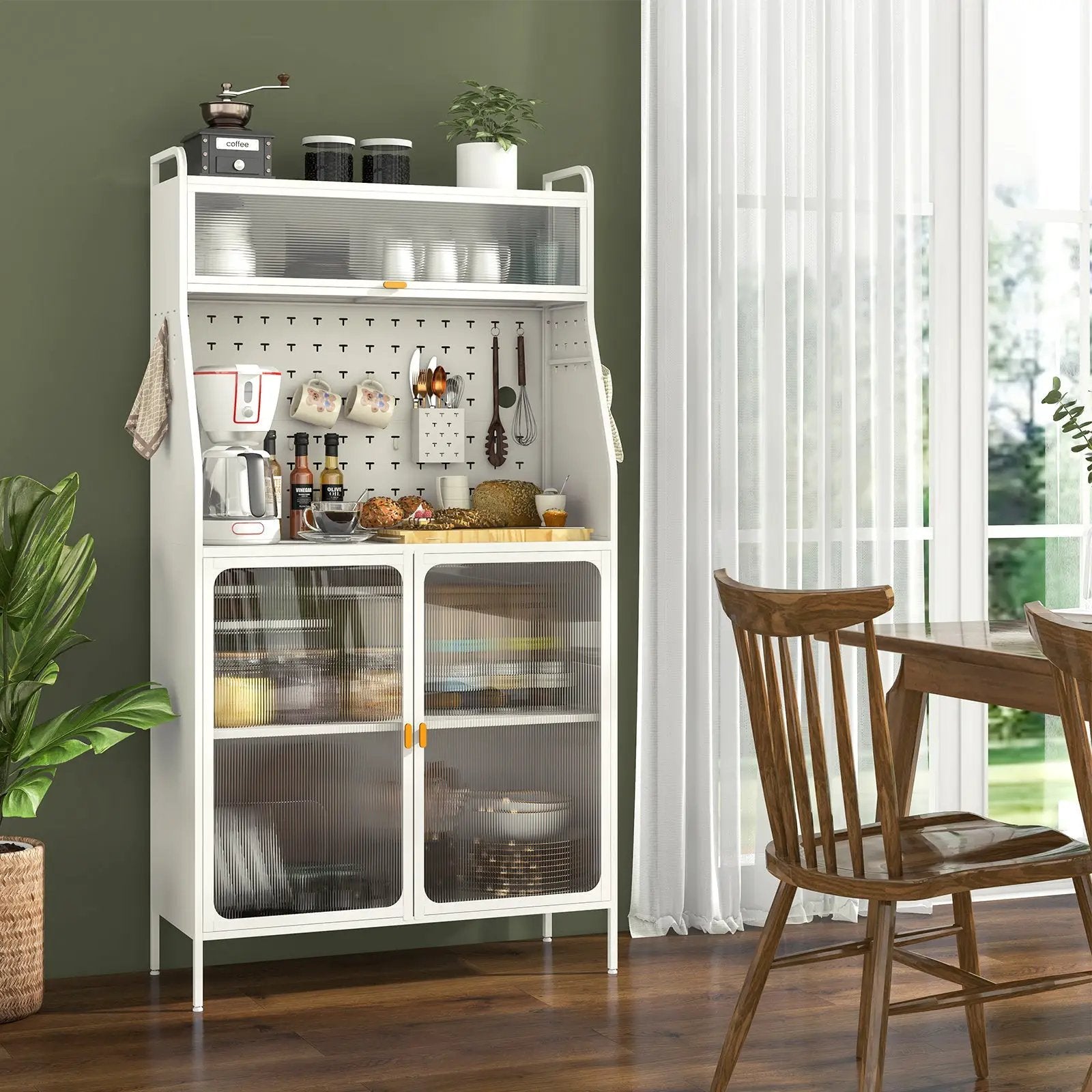 5-Tier Metal Baker's Rack with See-through Flip-up Door and Pegboard-White by DirectDeals