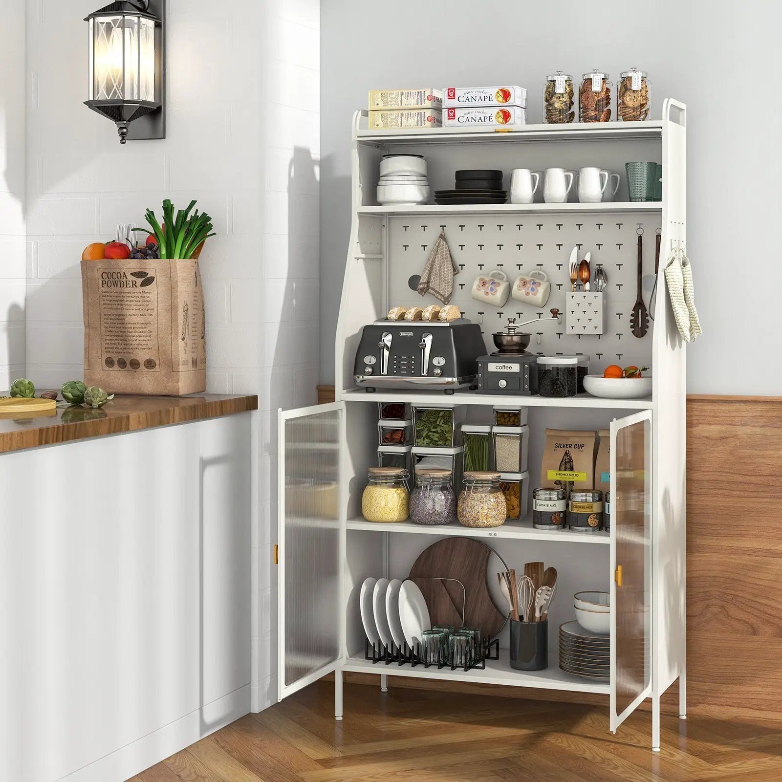 5-Tier Metal Baker's Rack with See-through Flip-up Door and Pegboard-White by DirectDeals