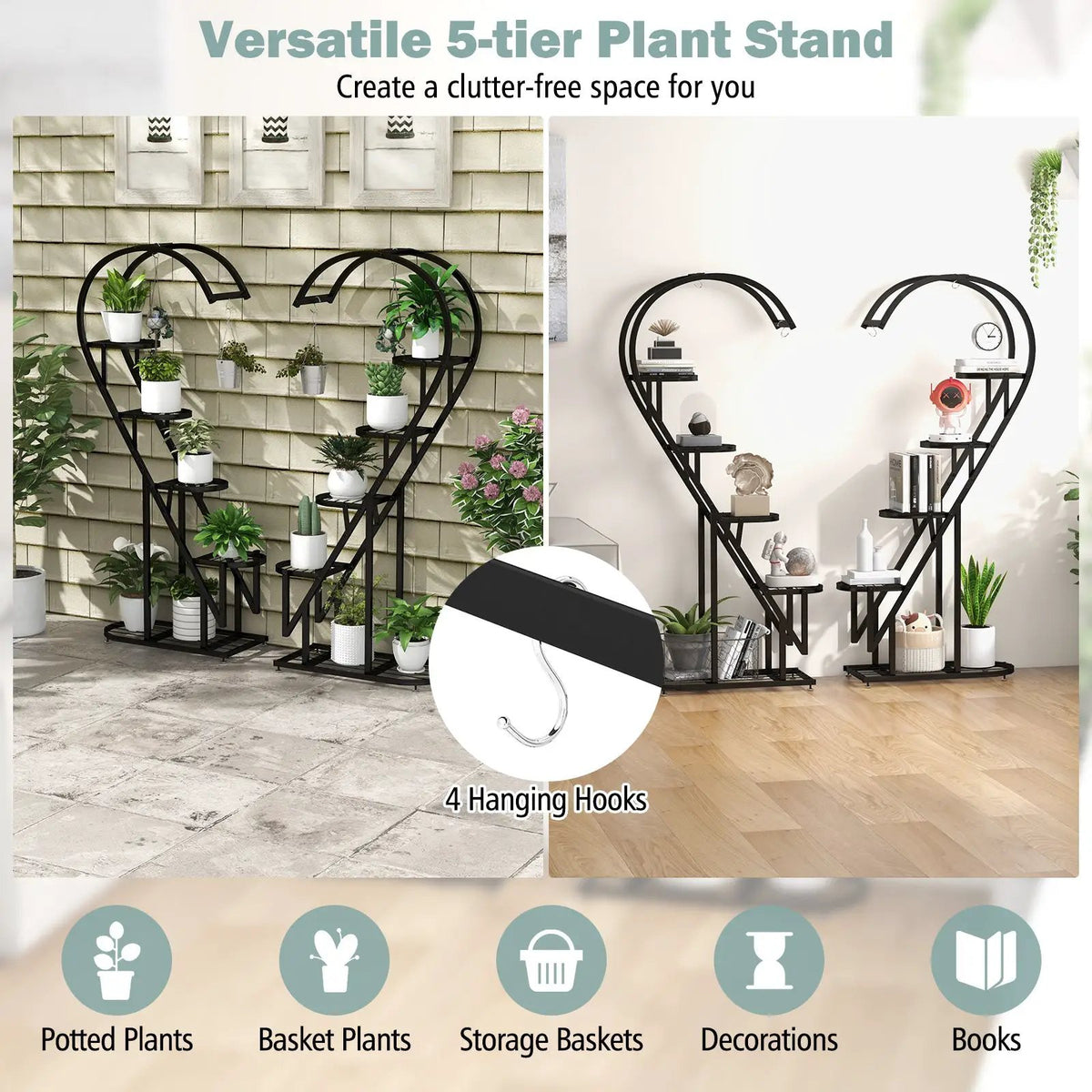 5 Tier Metal Plant Stand with Hanging Hook for Multiple Plants by DirectDeals