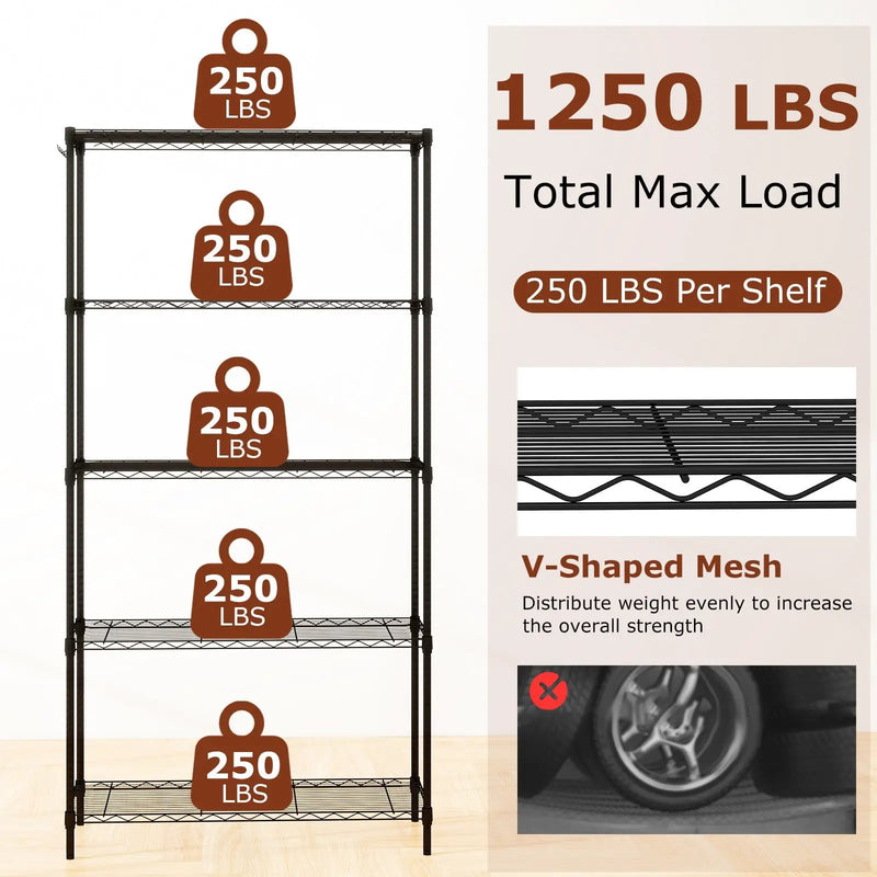 5-Tier Metal Storage Shelving Unit with V-Shaped Wire Rack and 1250 LBS Capacity-Black by DirectDeals