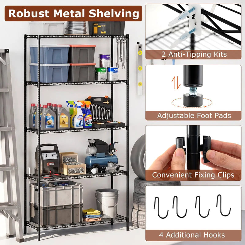 5-Tier Metal Storage Shelving Unit with V-Shaped Wire Rack and 1250 LBS Capacity-Black by DirectDeals