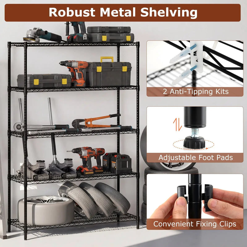 5-Tier Metal Storage Shelving Unit with V-Shaped Wire Rack-Black by DirectDeals