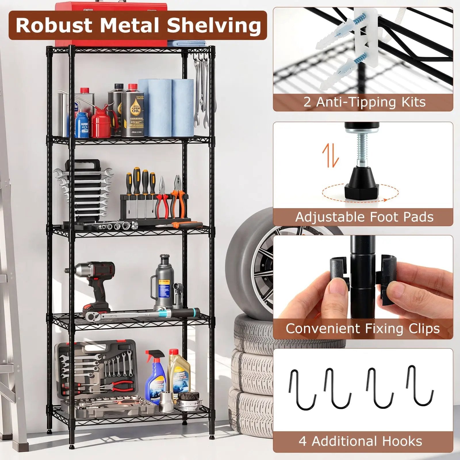 5-Tier Metal Storage Shelving Unit Set of 2 with V-Shaped Wire Rack-Black by DirectDeals