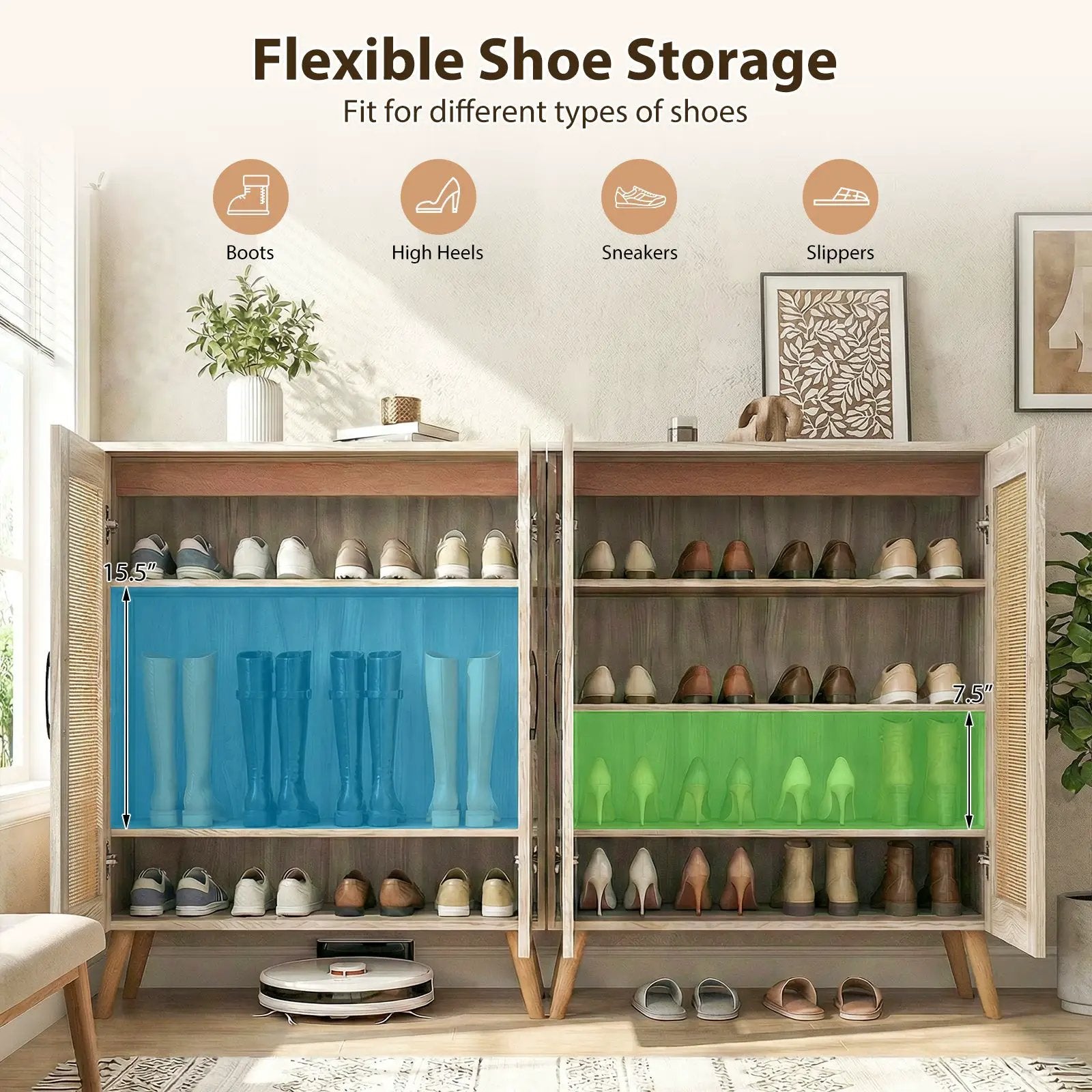 5-Tier Rattan Shoe Cabinewith 3 Removable Shelves by DirectDeals