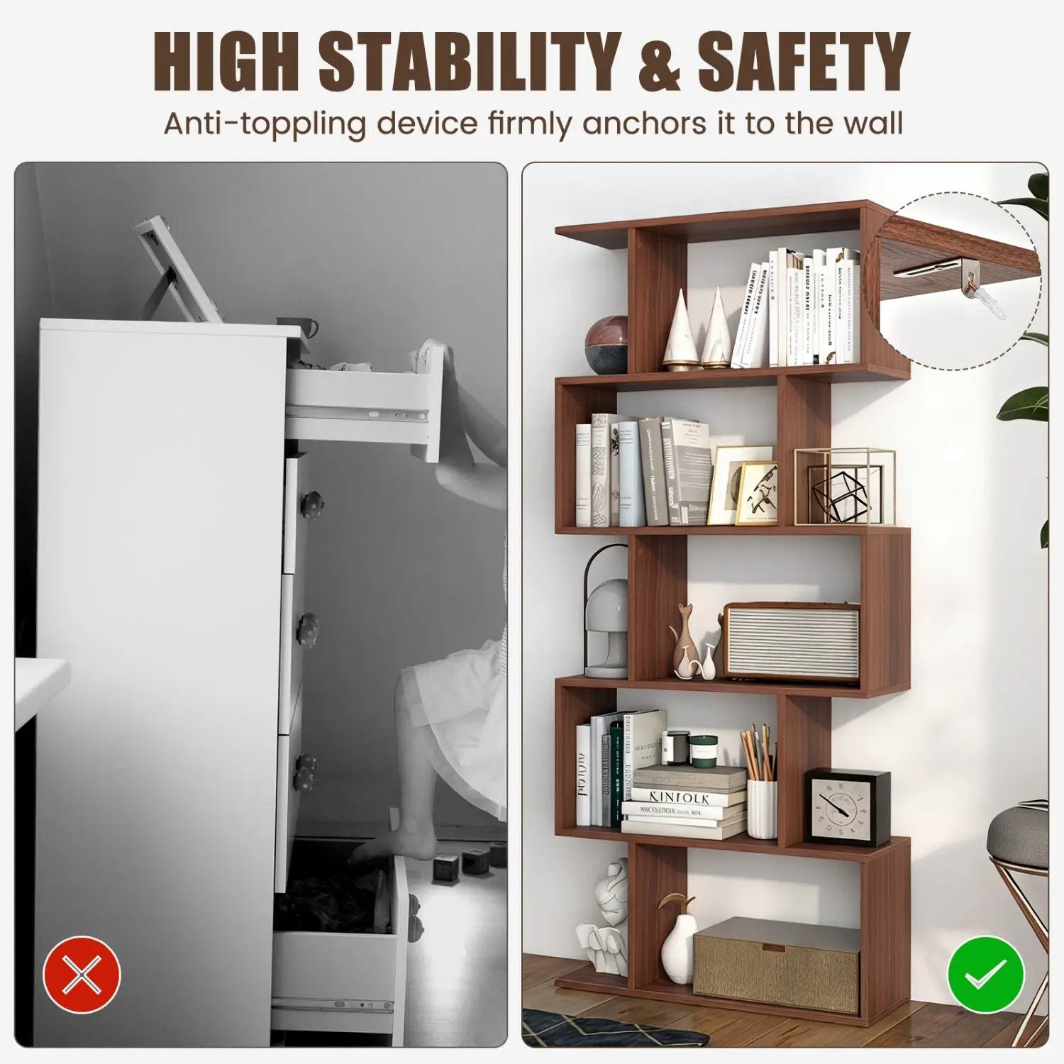 5-Tier S-Shaped Bookshelf with Anti-Tip Kit by DirectDeals