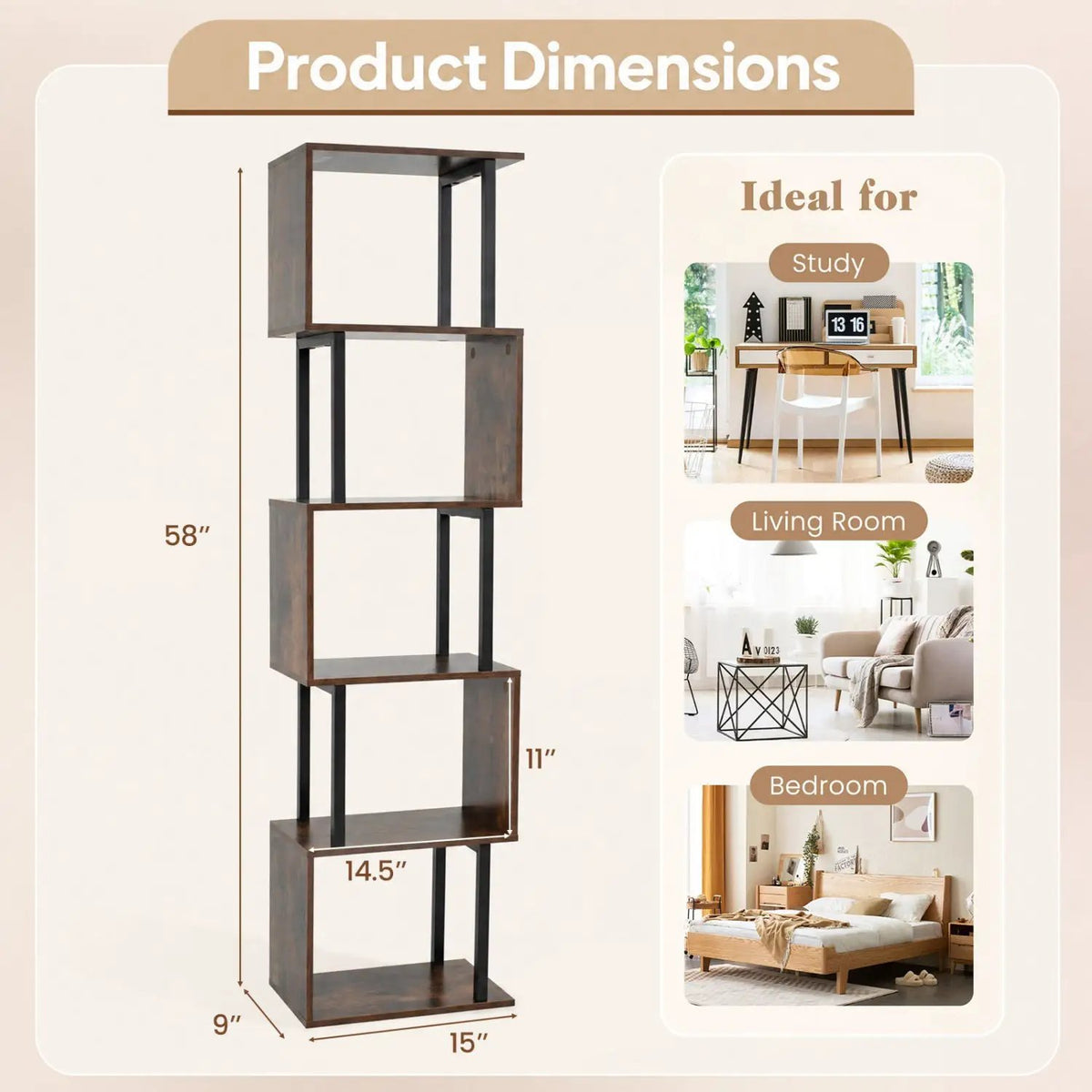 5-Tier S-Shaped Bookshelf with Open Cubes & Anti-Tip Kit by DirectDeals
