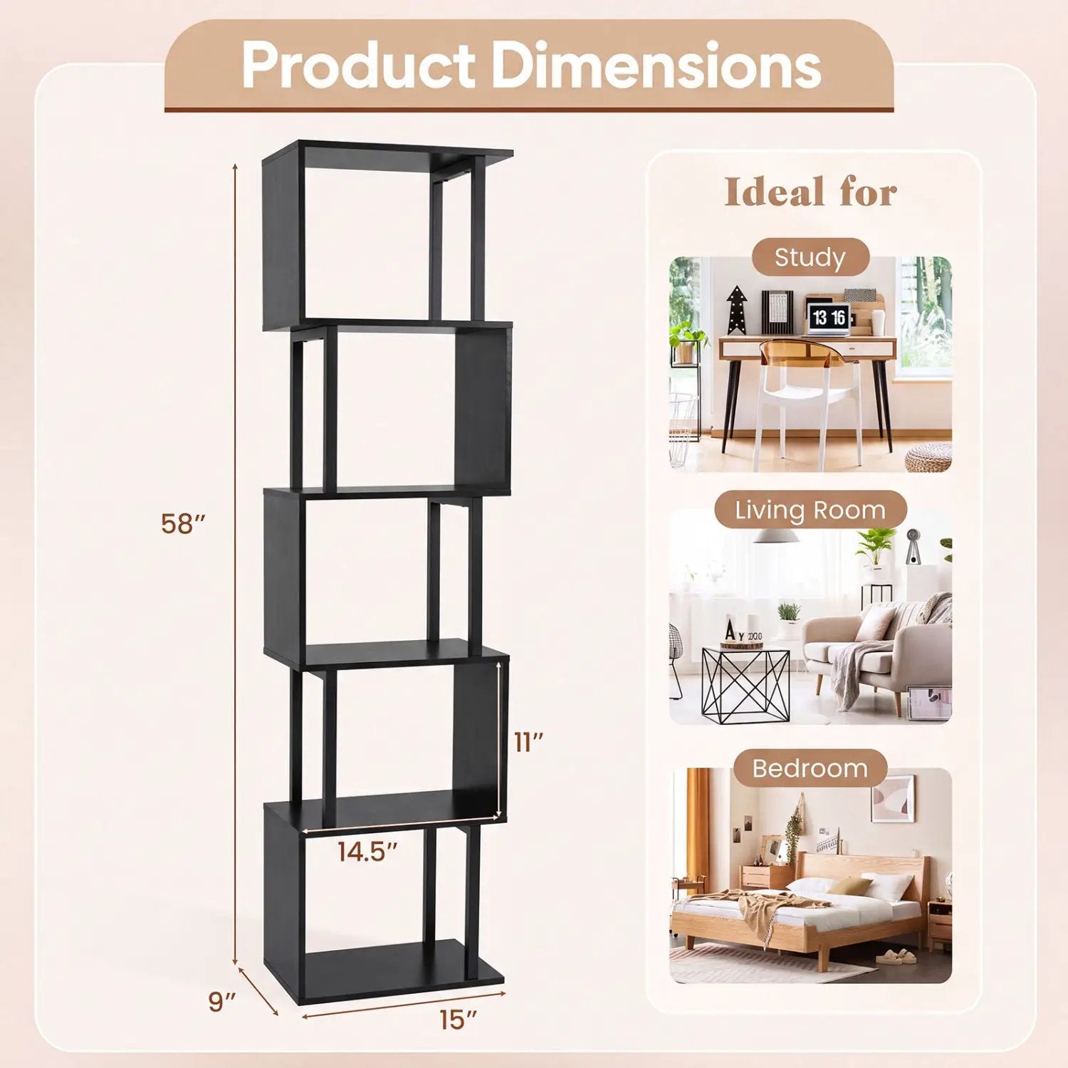 5-Tier S-Shaped Bookshelf with Open Cubes & Anti-Tip Kit by DirectDeals