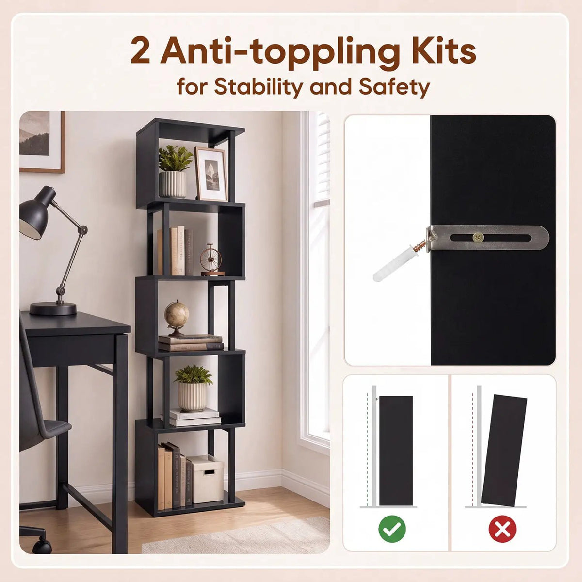 5-Tier S-Shaped Bookshelf with Open Cubes & Anti-Tip Kit by DirectDeals
