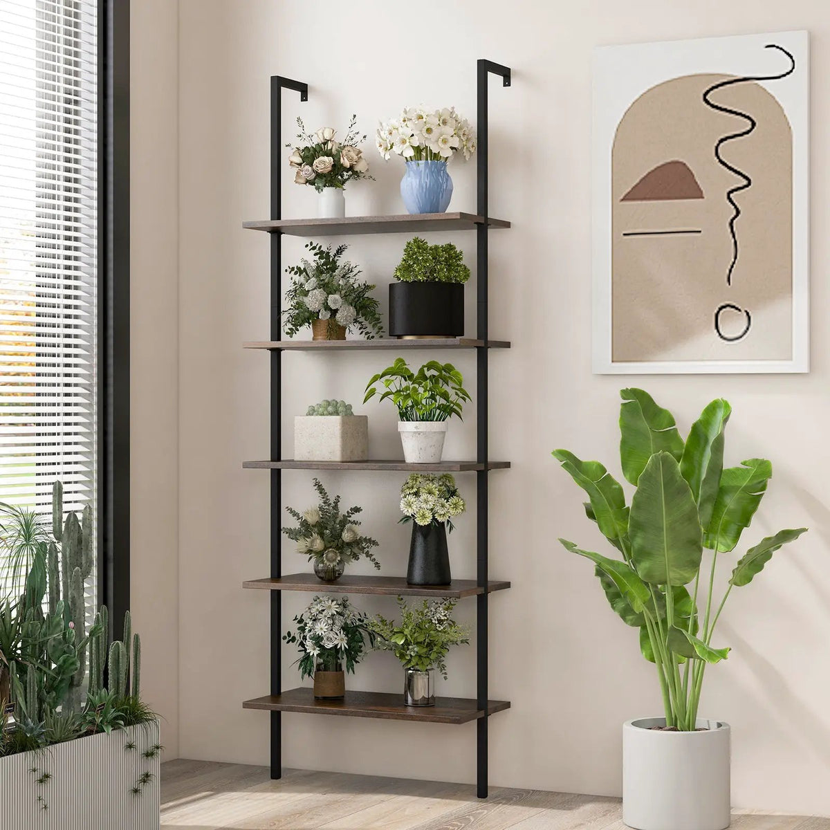 5 Tier Ladder Shelf Wall-Mounted Bookcase with Steel Frame-Brown by DirectDeals