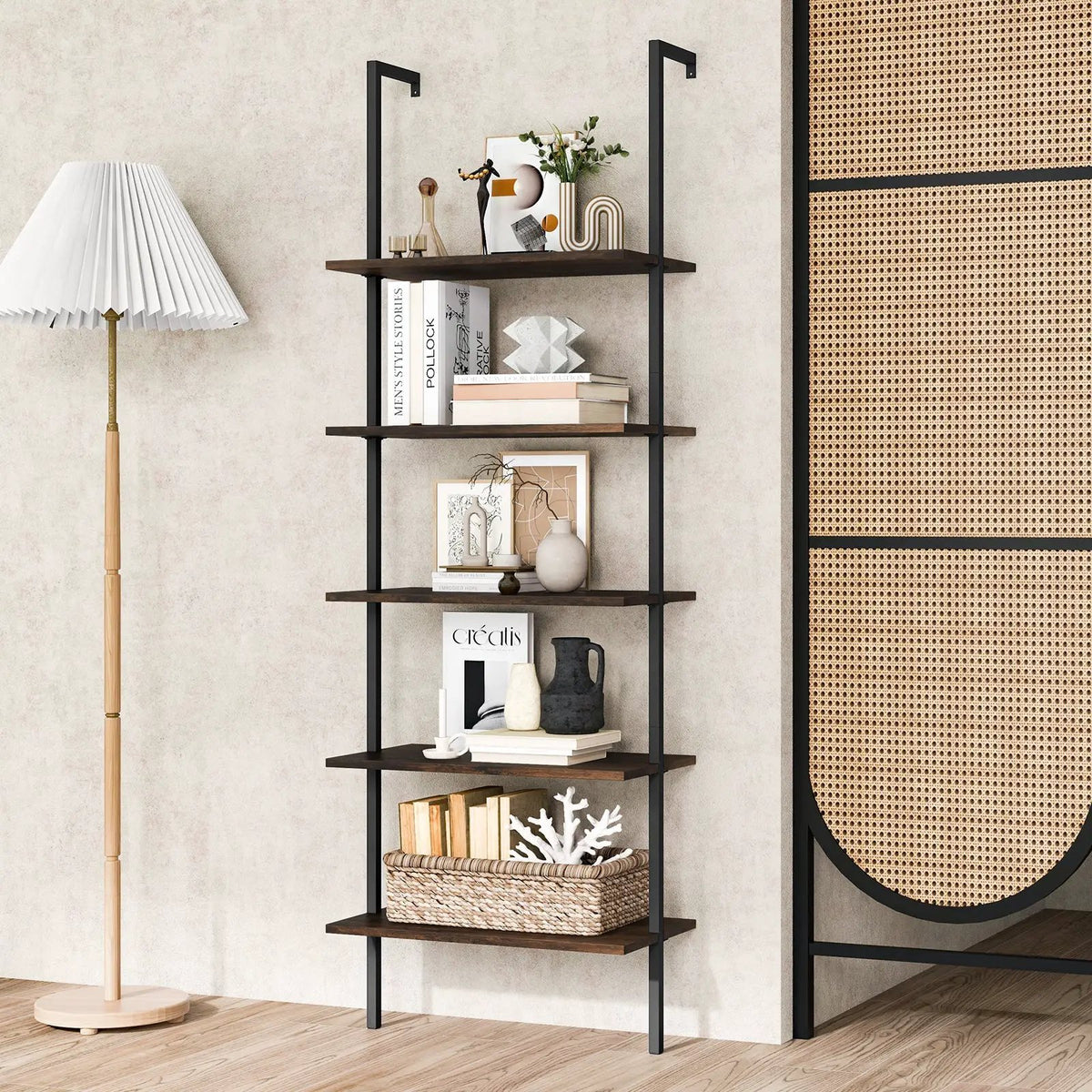 5 Tier Ladder Shelf Wall-Mounted Bookcase with Steel Frame-Brown by DirectDeals