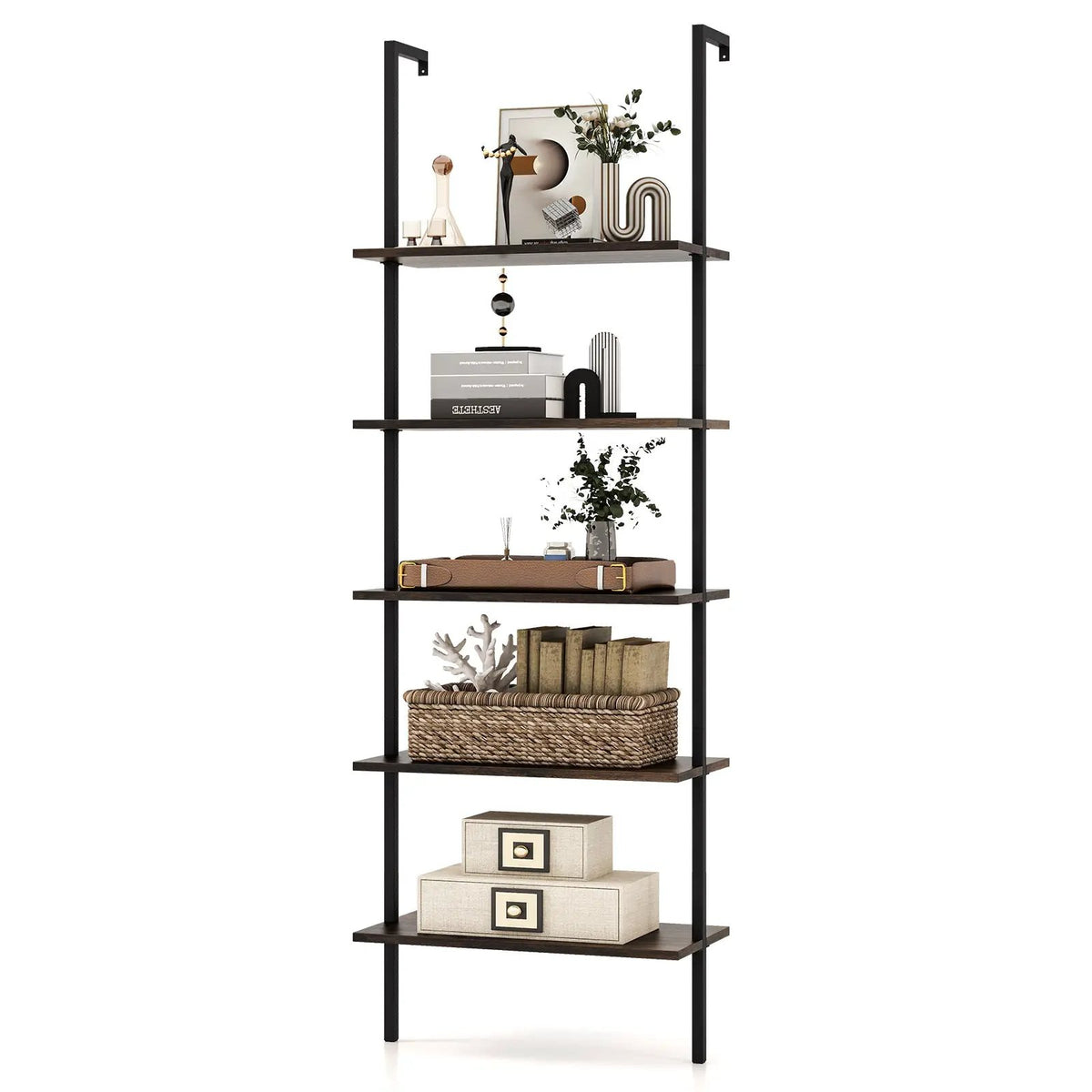 5 Tier Ladder Shelf Wall-Mounted Bookcase with Steel Frame-Brown by DirectDeals