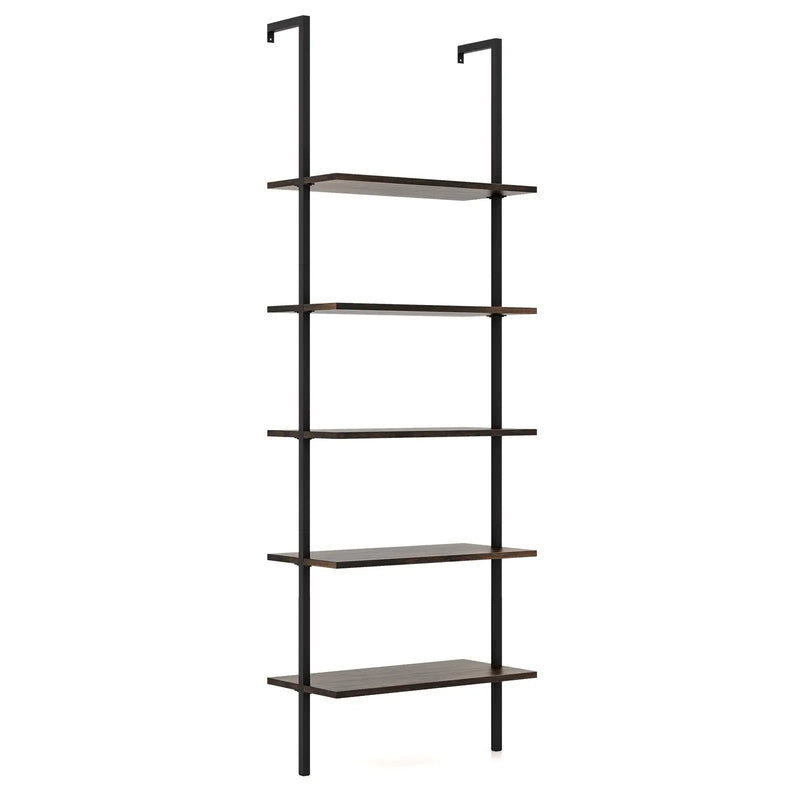 5 Tier Ladder Shelf Wall-Mounted Bookcase with Steel Frame-Brown by DirectDeals