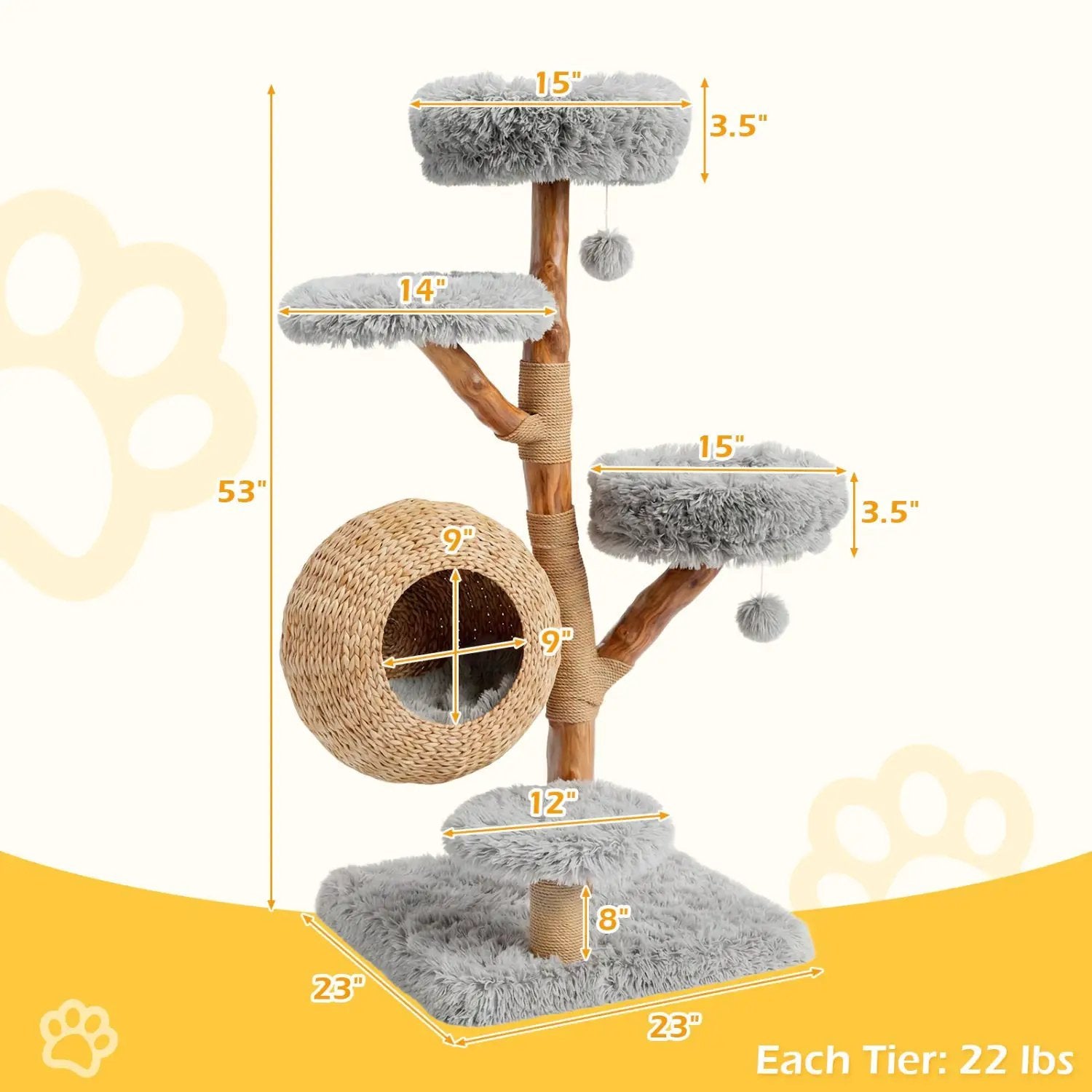 5-Tier Wooden Cat Tree with Woven Condo Plush Perches Jute Posts & Balls by DirectDeals