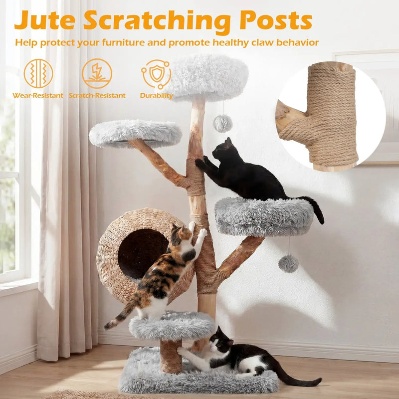 5-Tier Wooden Cat Tree with Woven Condo Plush Perches Jute Posts & Balls by DirectDeals