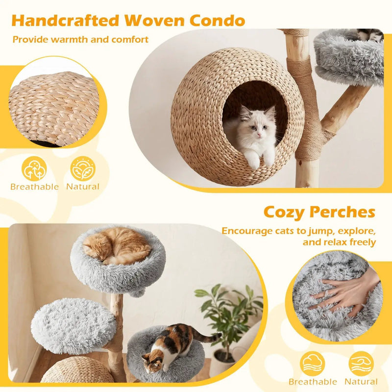 5-Tier Wooden Cat Tree with Woven Condo Plush Perches Jute Posts & Balls by DirectDeals