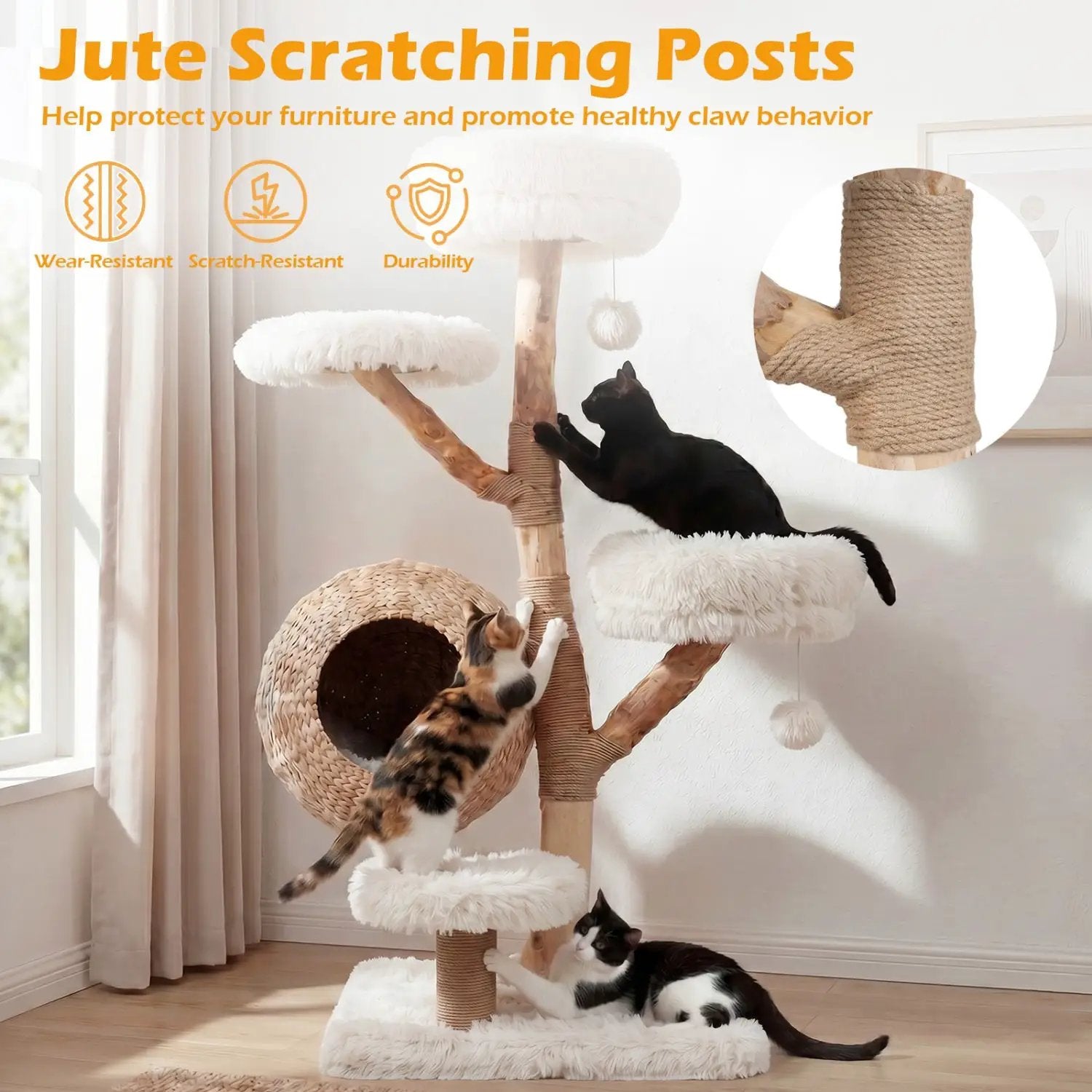 5-Tier Wooden Cat Tree with Woven Condo Plush Perches Jute Posts & Balls by DirectDeals