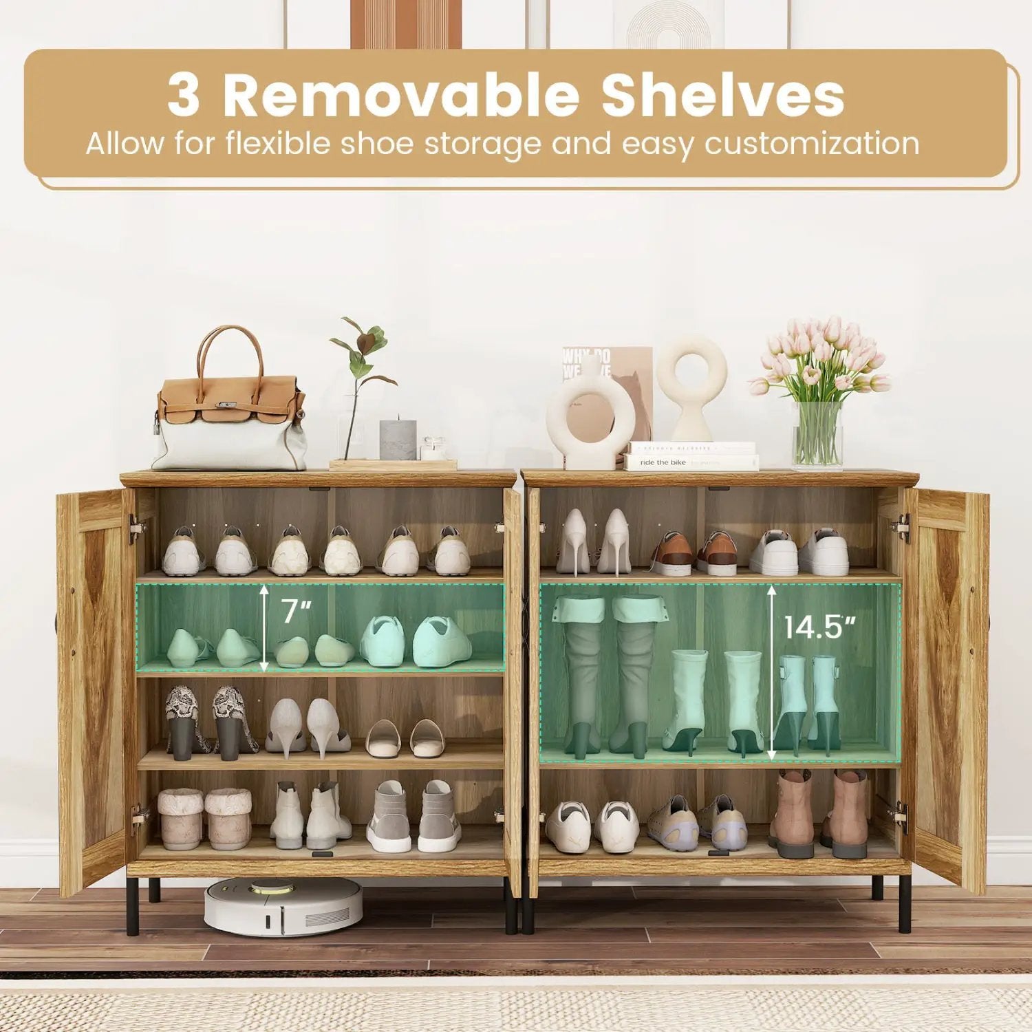 5-Tier Wooden Farmhouse Shoe Cabinet with Woven Rattan Doors by DirectDeals