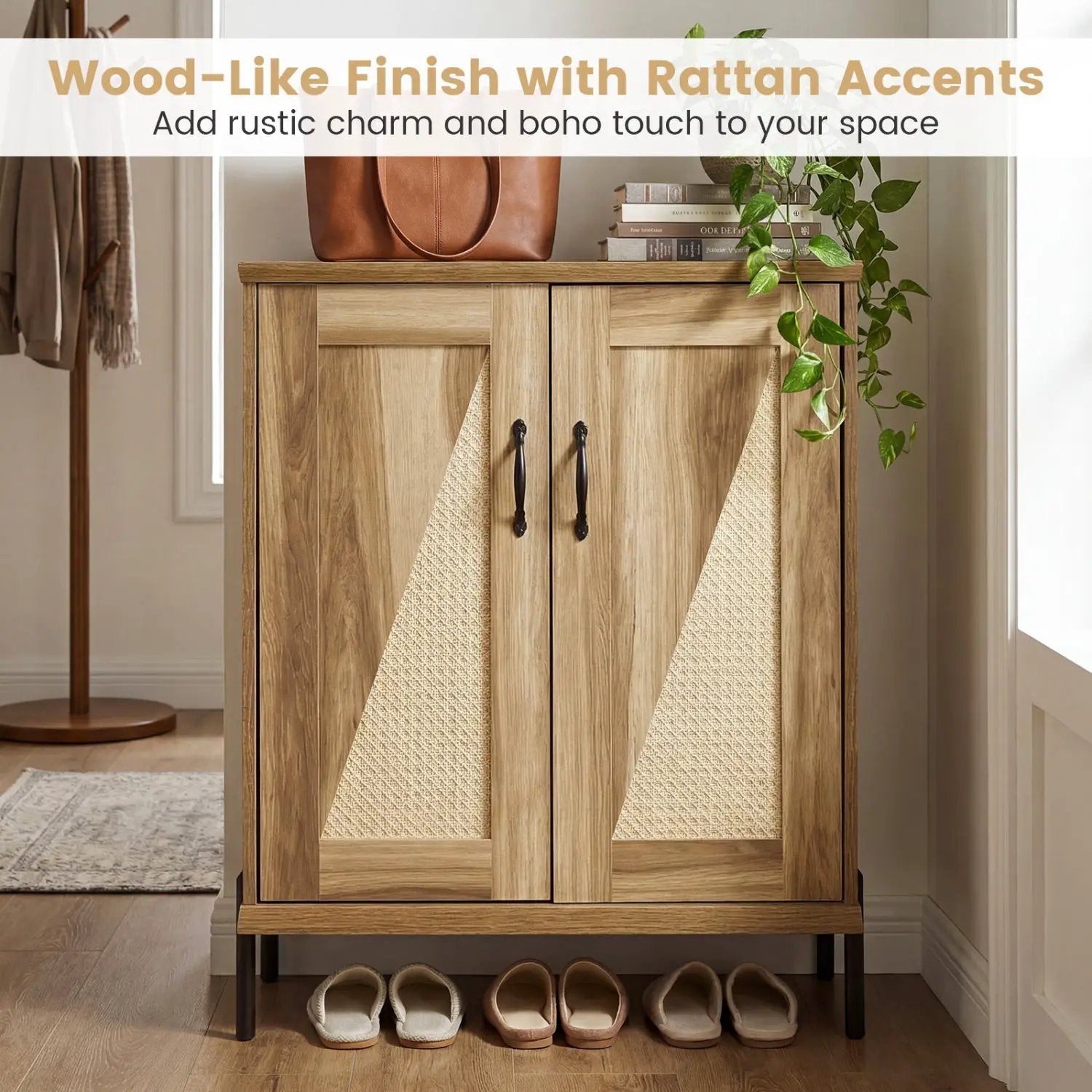 5-Tier Wooden Farmhouse Shoe Cabinet with Woven Rattan Doors by DirectDeals