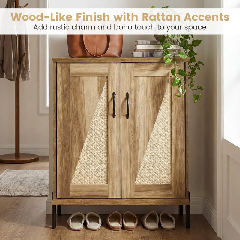 5-Tier Wooden Farmhouse Shoe Cabinet with Woven Rattan Doors by DirectDeals