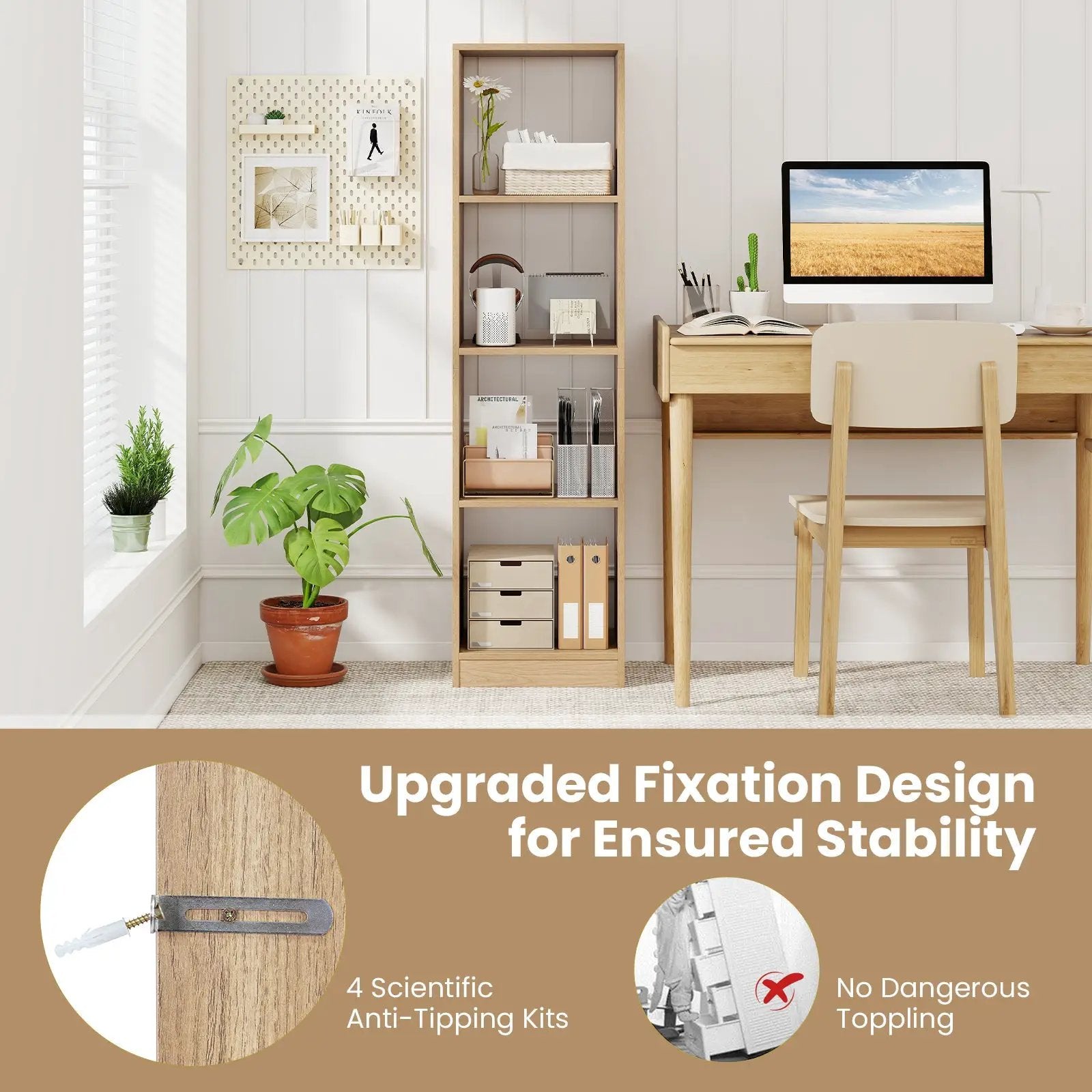 5 Tiers 4-Cube Narrow Bookshelf with 4 Anti-Tipping Kits by DirectDeals
