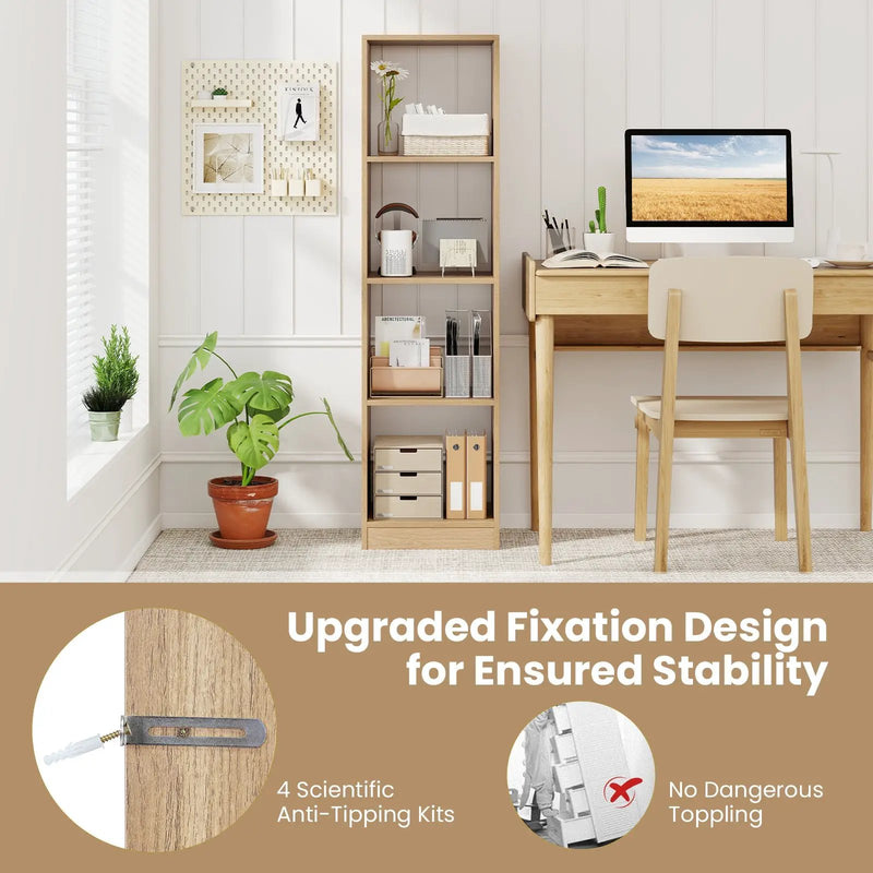 5 Tiers 4-Cube Narrow Bookshelf with 4 Anti-Tipping Kits by DirectDeals