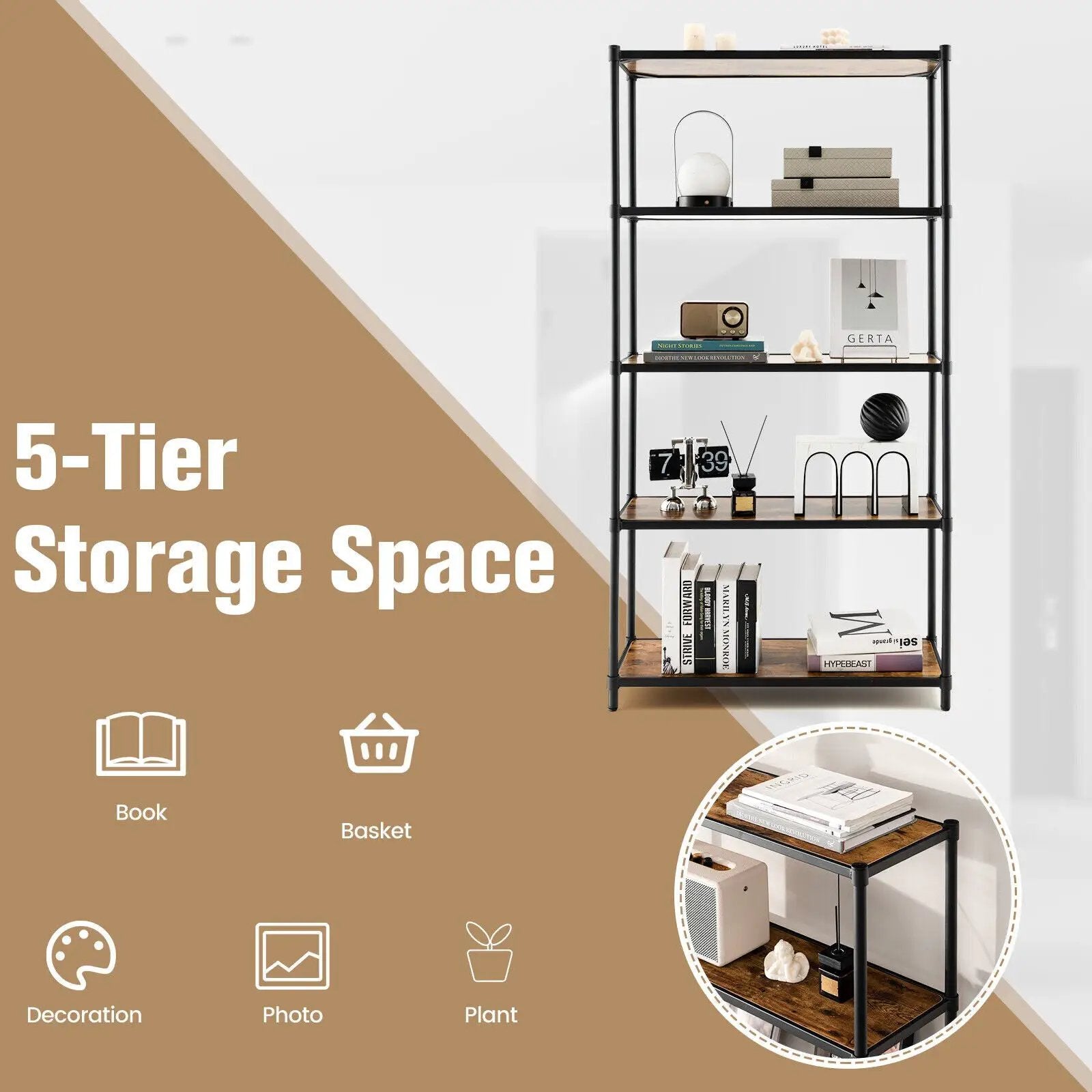 5 Tiers 61 Inch Multi-use Bookshelf with Metal Frame by DirectDeals