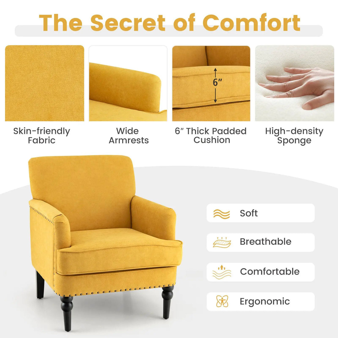 Modern Upholstered Padded Accent Chair with Rubber Wood Legs by DirectDeals