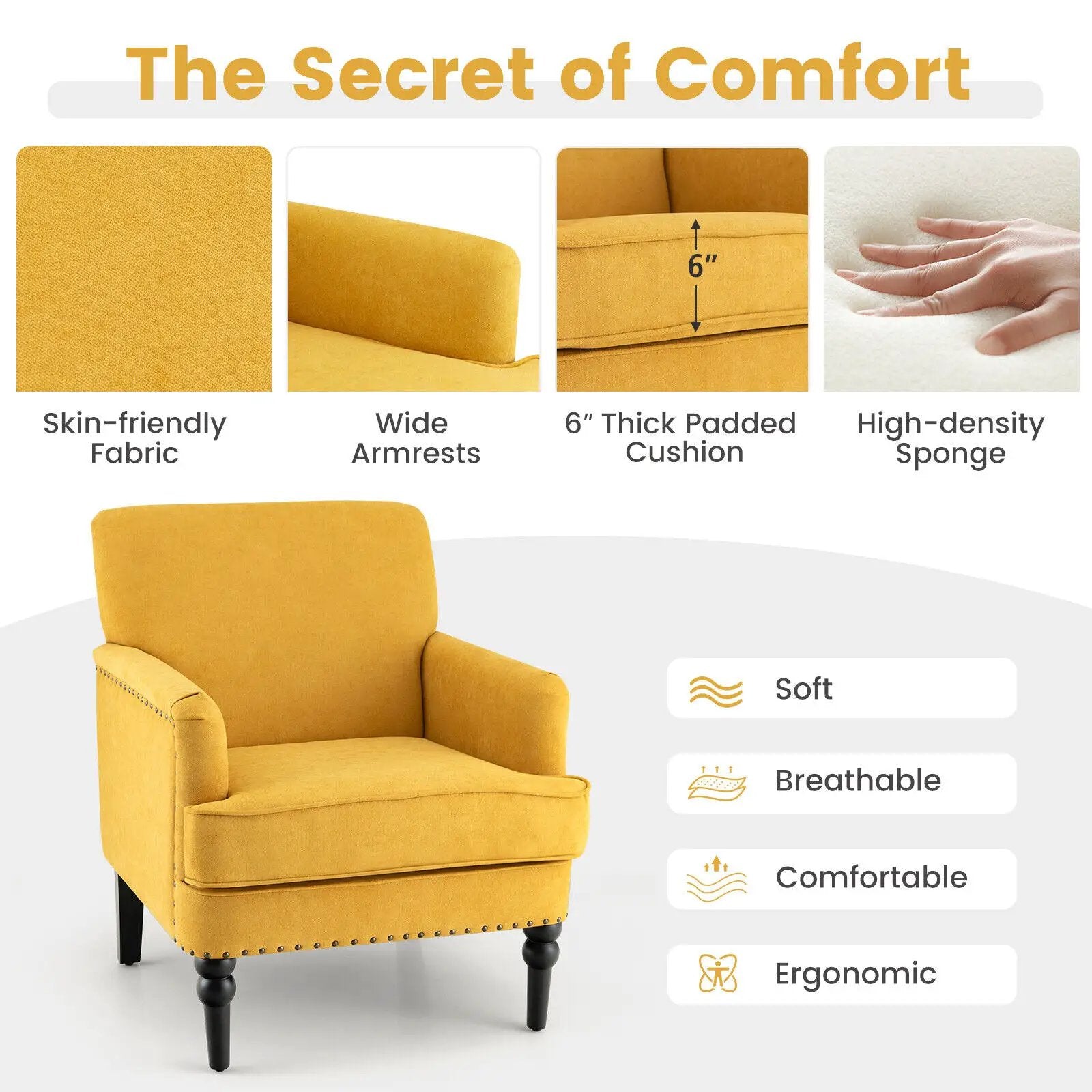 Modern Upholstered Padded Accent Chair with Rubber Wood Legs by DirectDeals