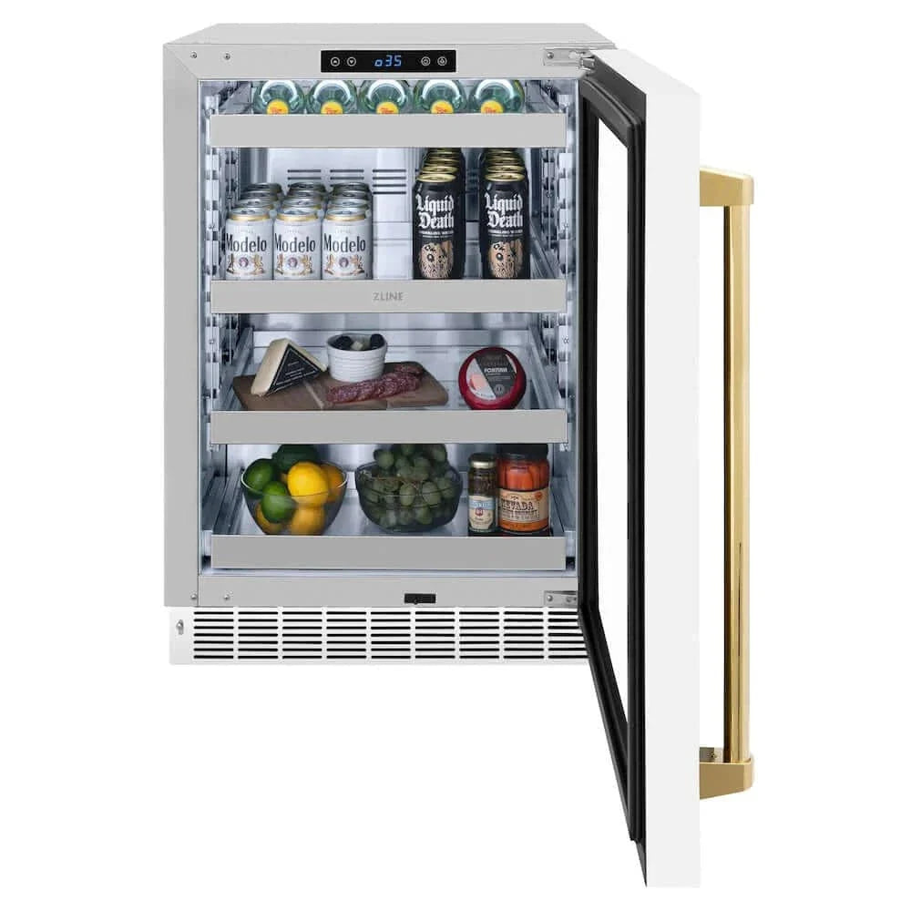 ZLINE 24" Touchstone 151 Can Beverage Fridge White Matte Glass Door Polished Gold Handle RBSOZ-WM-24-G by Farmhouse Kitchen and Bath