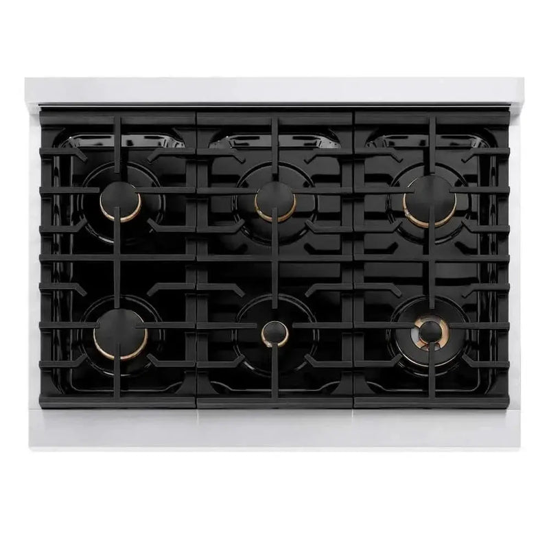 ZLINE 36"Gas Range, Convection Gas Oven, DuraSnow® White Matte, Gold SGRSZ-WM-36-G by Farmhouse Kitchen and Bath