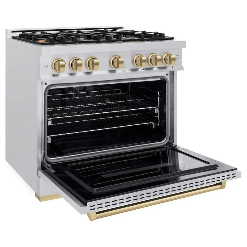 ZLINE 36" Classic Gas Range, Convection Gas Oven DuraSnow® Stainless Steel, Champagne Bronze CGRSZ-36-CB by Farmhouse Kitchen and Bath