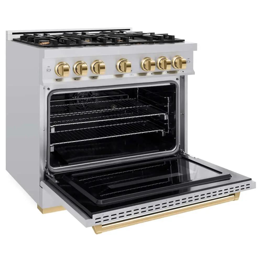 ZLINE 36" Dual Fuel Range, Gas Cooktop, Electric Convection Oven Stainless Steel, Gold CDRZ-36-G by Farmhouse Kitchen and Bath