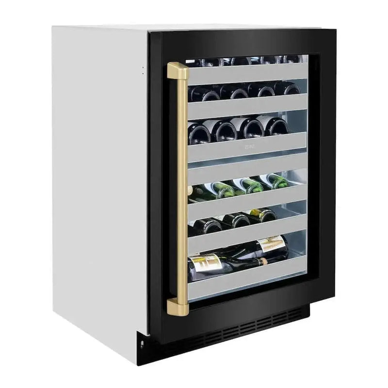 ZLINE 24" Touchstone Dual Zone 44 Bottle Wine Cooler Black Stainless Steel Glass Door Champagne Bronze Handle RWDOZ-BS-24-CB by Farmhouse Kitchen and Bath