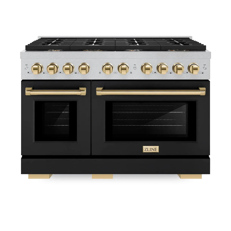 ZLINE 48"Paramount Dual Fuel Range DuraSnow® Black Matte, Gold SDRSZ-BLM-48-G by Farmhouse Kitchen and Bath