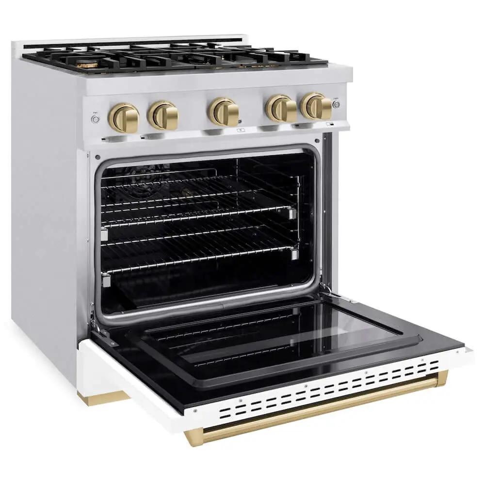 ZLINE 30" Dual Fuel Range, Gas Cooktop, Electric Convection Oven DuraSnow® Stainless Steel, White Matte Door, Gold CDRSZ-WM-30-G by Farmhouse Kitchen and Bath