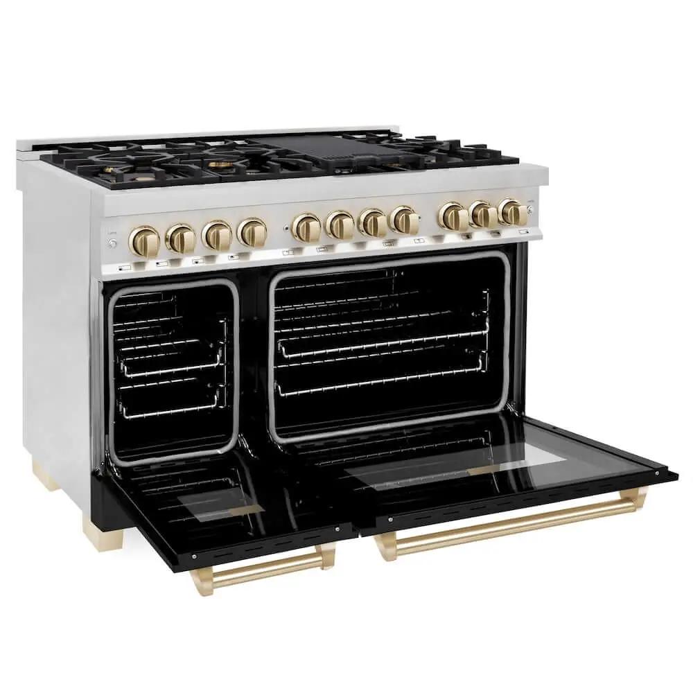 ZLINE 48" Autograph Dual Fuel Range, Black, Gold, RAZ-BLM-48-G by Farmhouse Kitchen and Bath