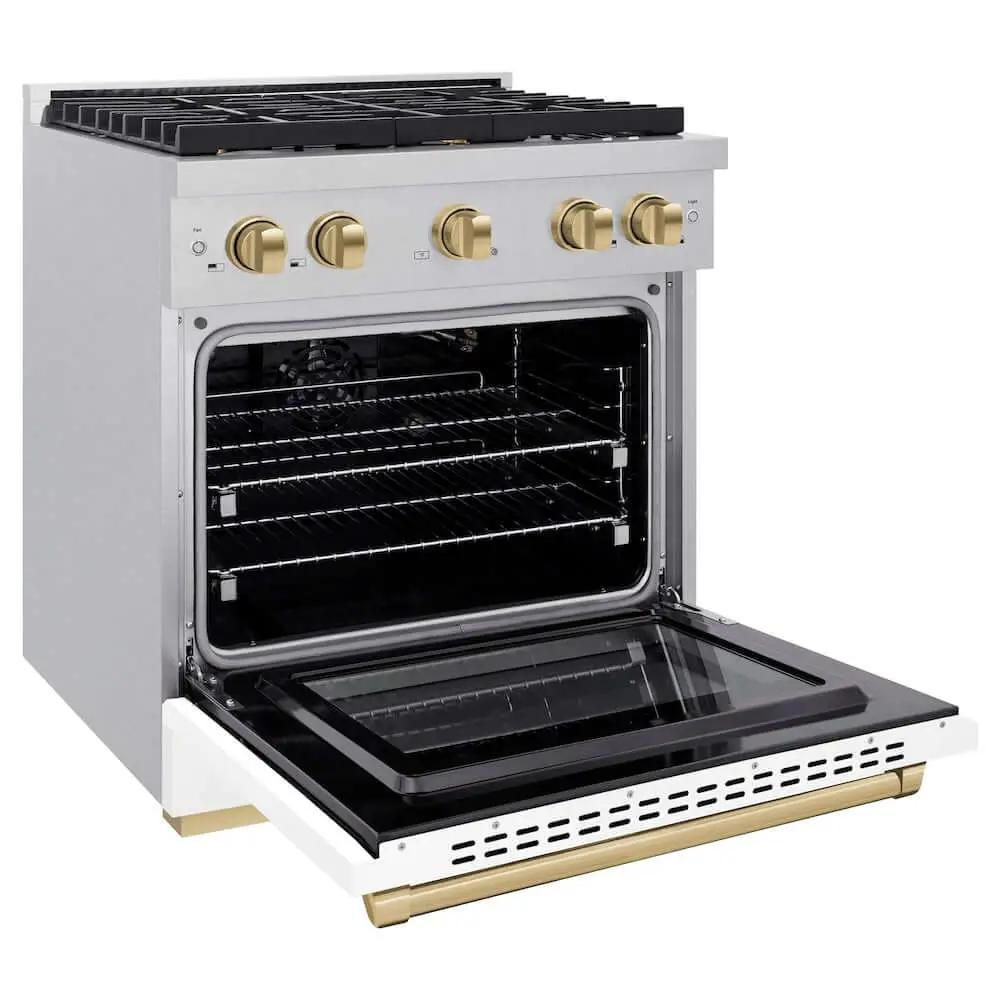 ZLINE 30"Gas Range, Convection Gas Oven, DuraSnow® White Matte, Champagne Bronze SGRSZ-WM-30-CB by Farmhouse Kitchen and Bath
