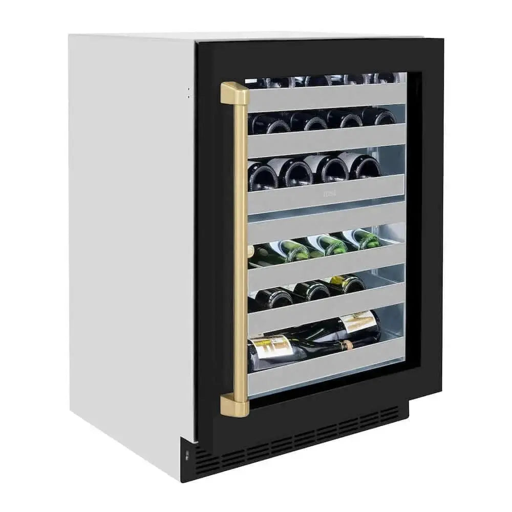 ZLINE 24" Touchstone Dual Zone 44 Bottle Wine Cooler Black Matte Glass Door Champagne Bronze Handle RWDOZ-BLM-24-CB by Farmhouse Kitchen and Bath