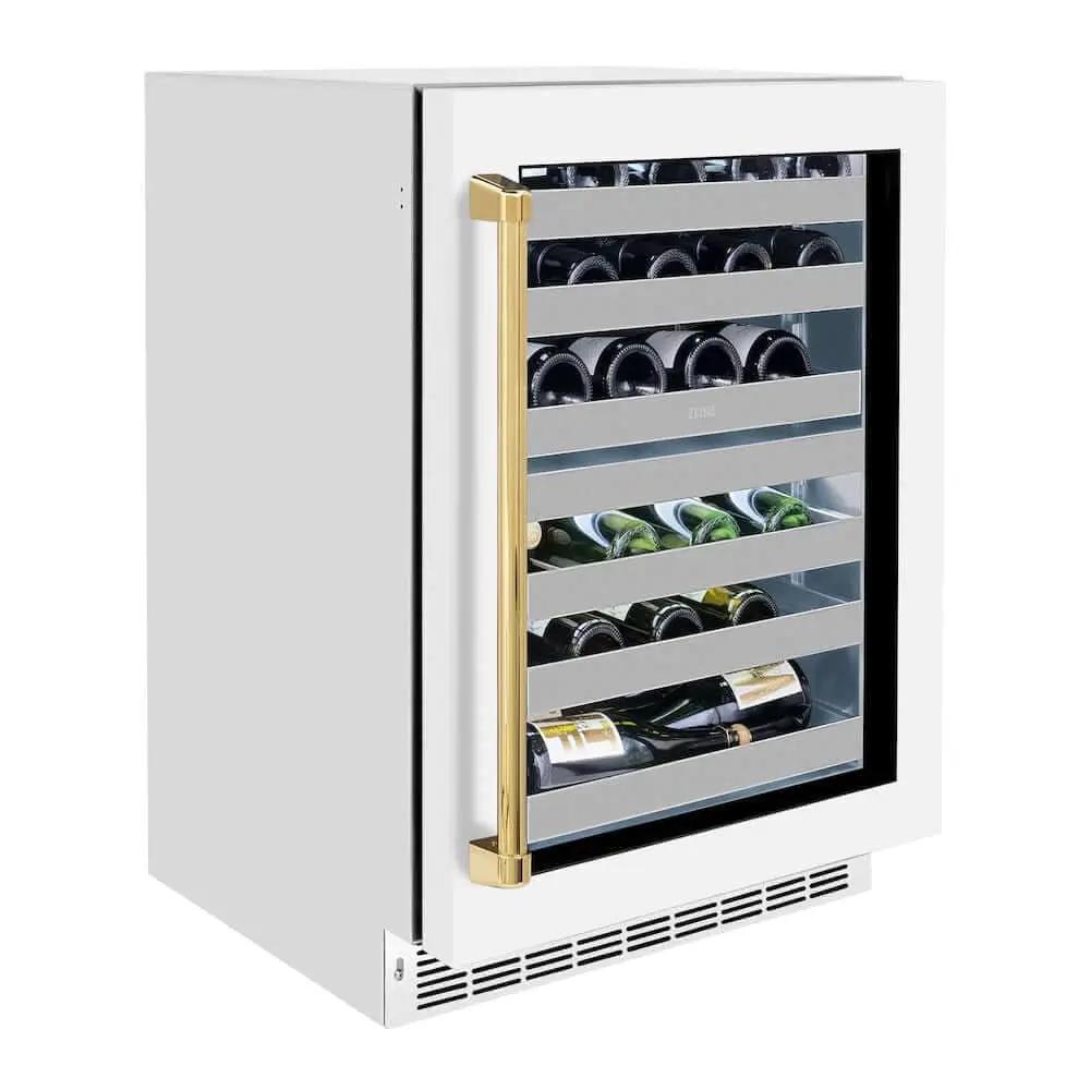 ZLINE 24" Touchstone Dual Zone 44 Bottle Wine Cooler White Matte Glass Door Polished Gold Handle RWDOZ-WM-24-G by Farmhouse Kitchen and Bath