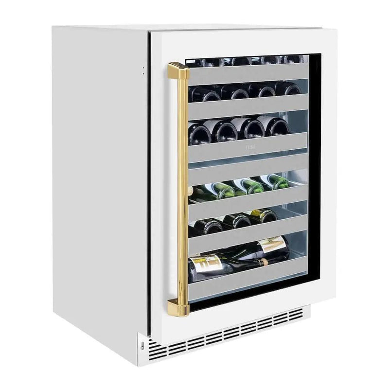 ZLINE 24" Touchstone Dual Zone 44 Bottle Wine Cooler White Matte Glass Door Polished Gold Handle RWDOZ-WM-24-G by Farmhouse Kitchen and Bath